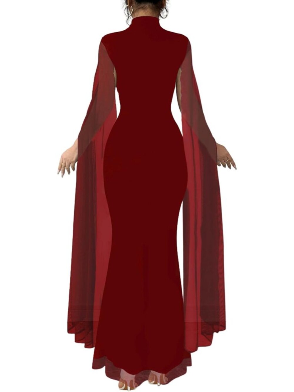 Women's Red Elegant Mock Neck Pull On Bodycon Formal Maxi Dress With Cape - Picture 3 of 6